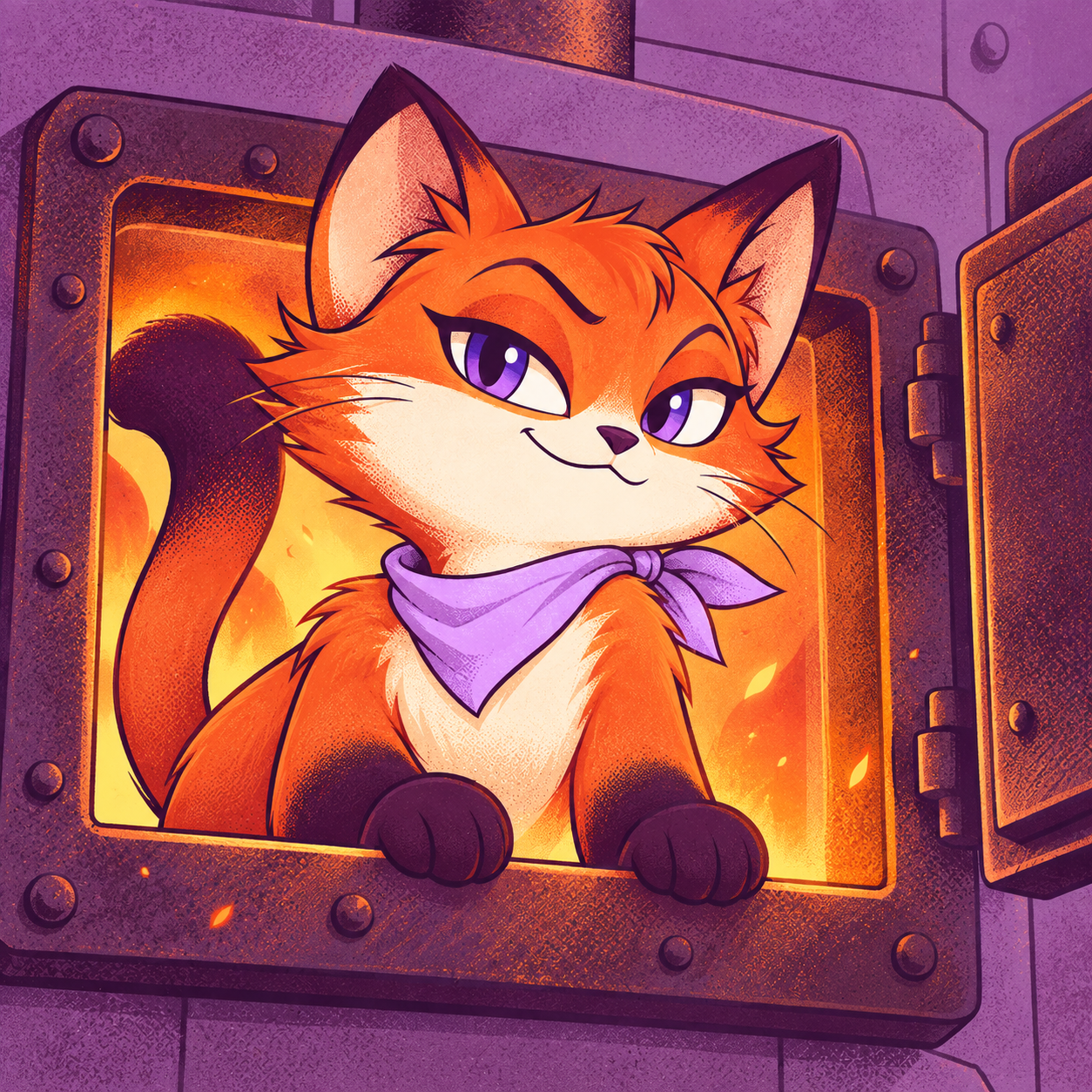 Purrnace peeking from a glowing furnace hatch with a smug look and both front paws on the ledge.