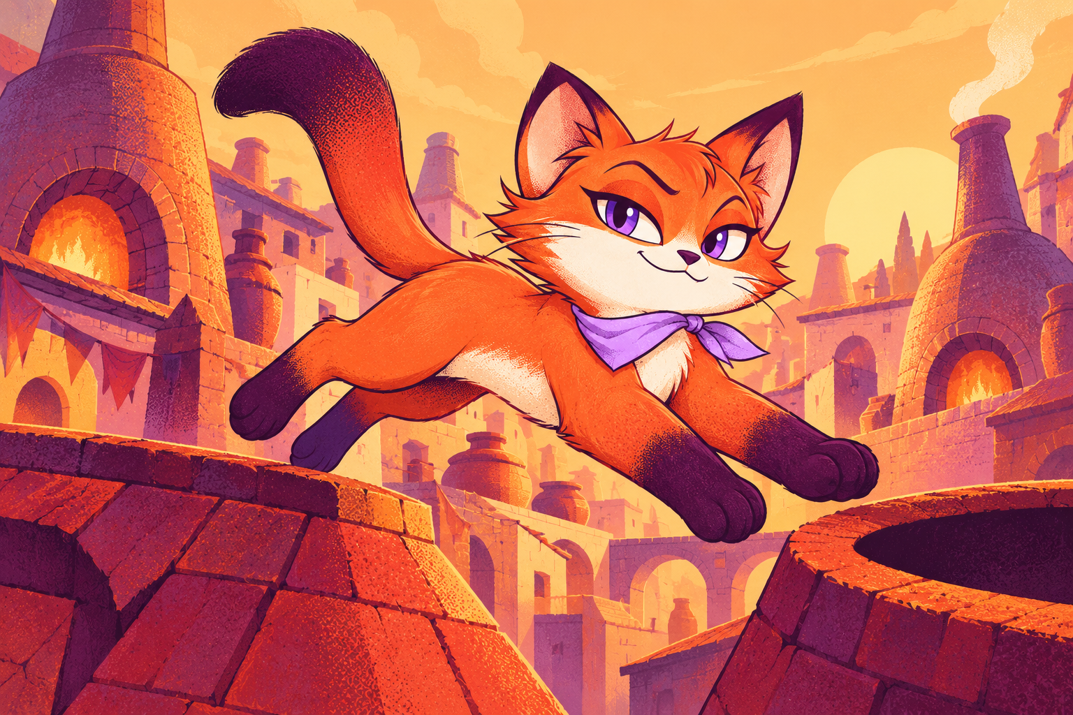 Purrnace bounding across angular kiln rooftops in an imaginary mango, vermilion and orchid town.